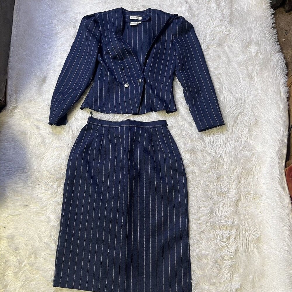 Vintage Audrey Celine 2 Piece Skirt Suit 9/10 Women Polyester Button Pinstripe